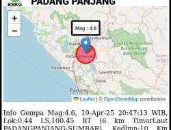 Gempa Tektonik 4,6 SR Guncang Sumbar, Tidak Berpotensi Tsunami