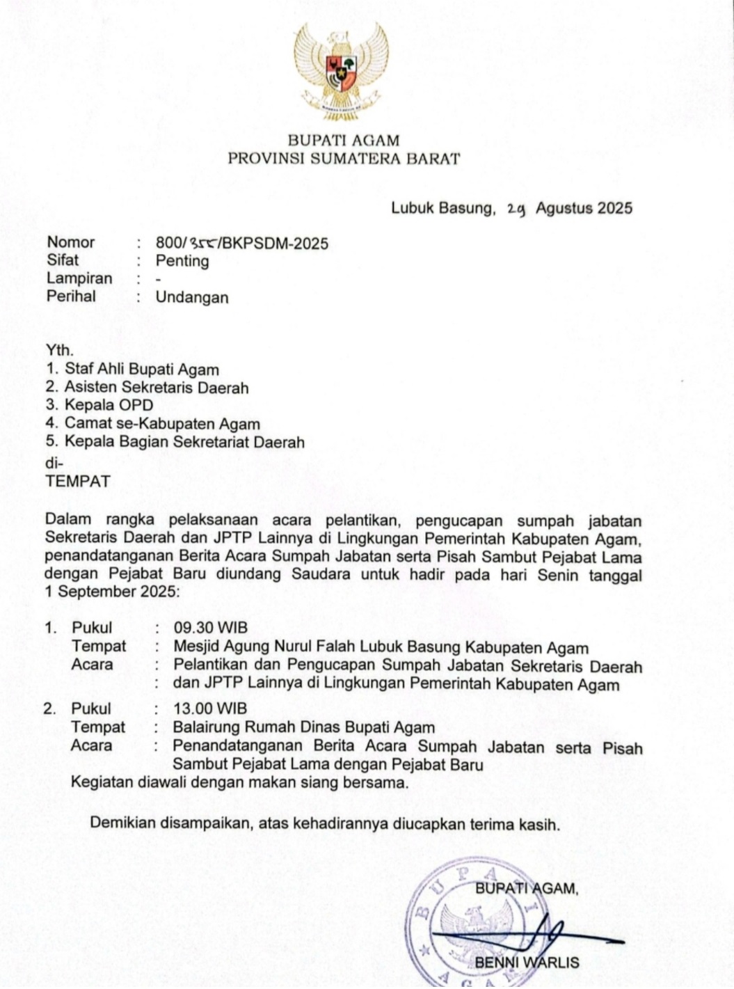 Undangan Pelantikan Sekda Agam