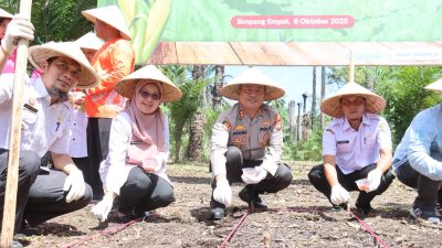 Kapolres Pasaman AKBP. Agung Tribanto saat penanaman jagung Kuartal IV yang dipusatkan di Jorong Simpang Empat Nagari Lingkuang Aua, Rabu (08/10/2025).