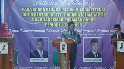 Kegiatan Bedah Visi Misi dan Kompetensi Calon Rektor Institut Agama Islam YAPTIP Chadijah Ismail Pasaman Barat, Rabu (26/11/2025).