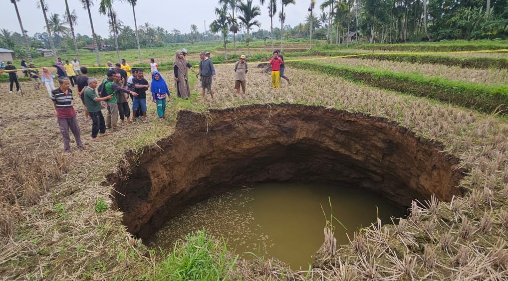Warga berdatangan melihat peristiwa Sawah Luluih yang terjadi di area persawahan Situjuan Limo Nagari, Limapuluh Kota, Minggu (04/01/2026).