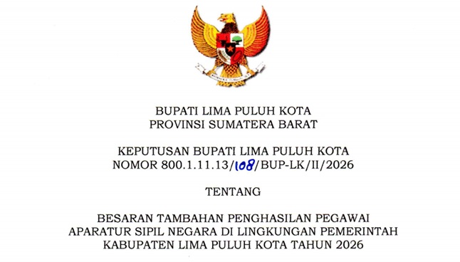 SK Bupati Limapuluh Kota tentang Besaran Tambahan Penghasilan Pegawai
