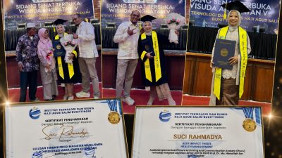 Suci Ramadiya, S.Tr.Kes., MM bersama suami dan keluarga usai prosesi wisuda dalam Sidang Senat Terbuka Wisuda Angkatan V Institut Teknologi dan Bisnis Haji Agus Salim (ITBHAS) Bukittinggi, Jum’at (23/05/2026) .