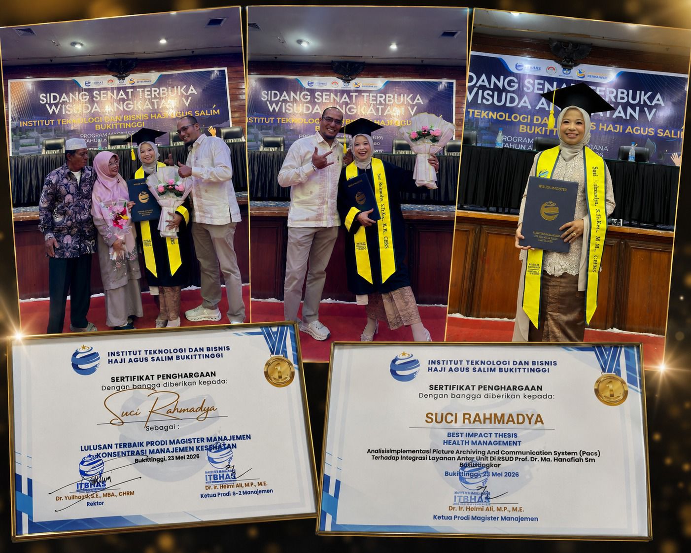 Suci Ramadiya, S.Tr.Kes., MM bersama suami dan keluarga usai prosesi wisuda dalam Sidang Senat Terbuka Wisuda Angkatan V Institut Teknologi dan Bisnis Haji Agus Salim (ITBHAS) Bukittinggi, Jum’at (23/05/2026) .