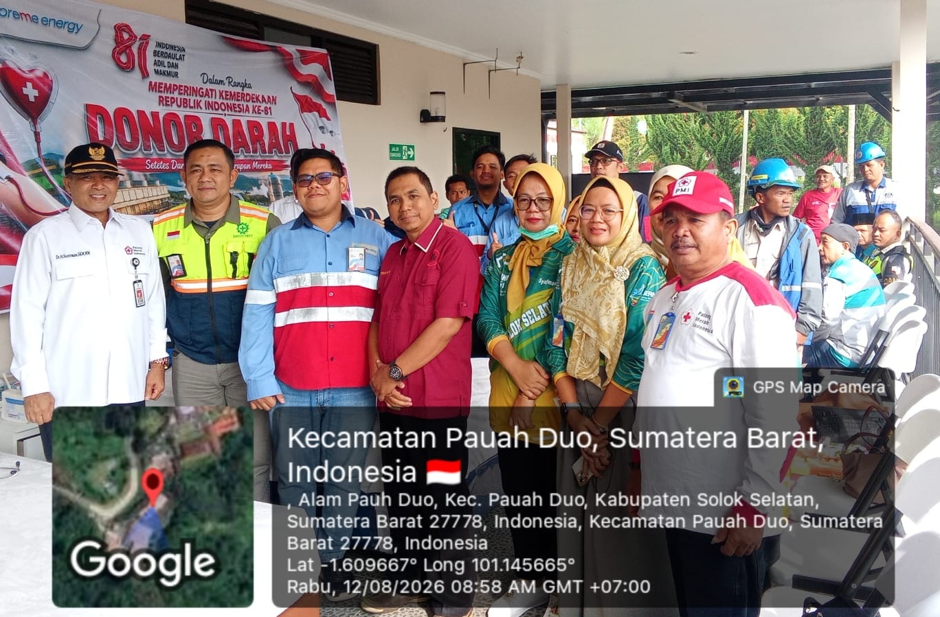 Staf Ahli Bupati Solok Selatan Dr. H. Novirman, SKM., MM, bersama Panitia Donor Darah dan Panitia HUT RI, PT.SEML serta pengurus PMI Solok Selatan, Rabu (12/08/2026).
