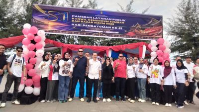Pameran Layanan Publik dan Bazar UMKM 2026 Kanwil Kemenkum Sumbar di Pantai Padang, Minggu (16/8/2026).