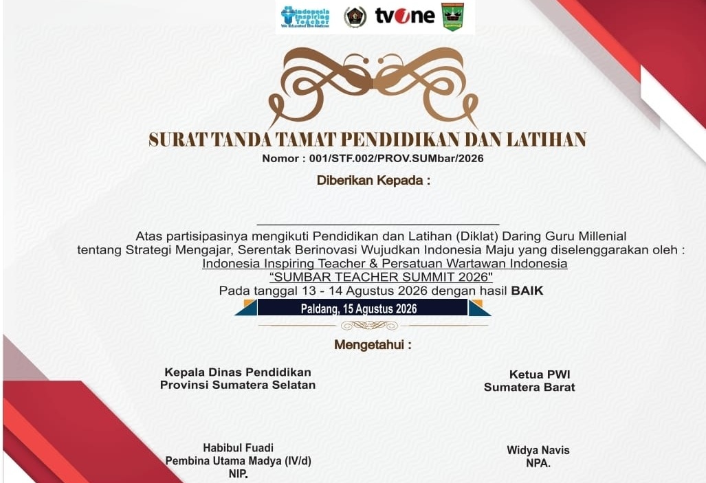 Tampilan Sertifikat yang mencatut nama Ketua PWI Sumbar oleh penyelenggara Sumbar Summit Teacher 2026.